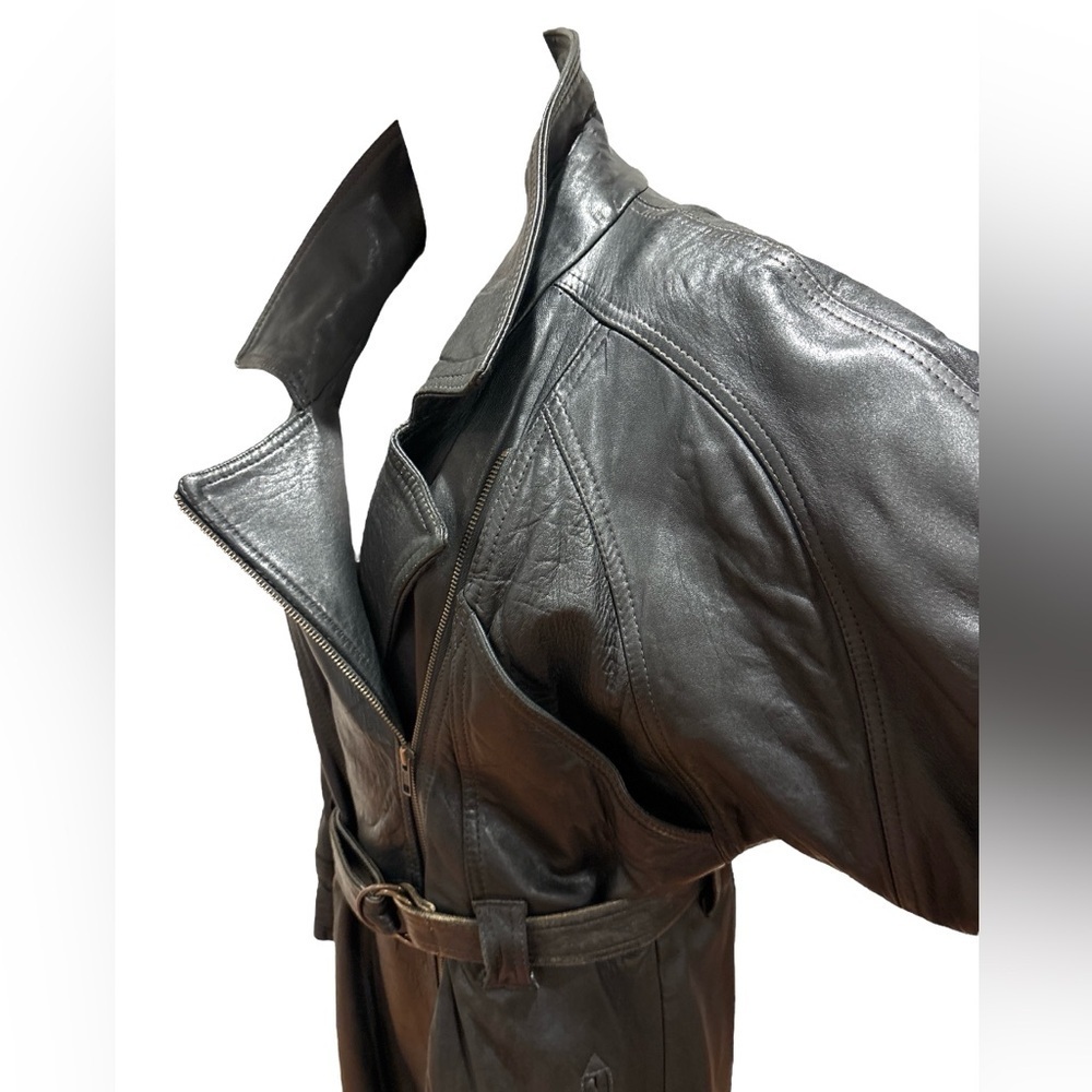 BLACK LEATHER BELTED GRUNGE PUNK GOTH TRENCH COAT FRENCH VERSION FRANCAISE SZ L - Picture 8 of 17